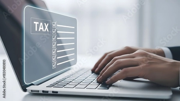 Fototapeta Filing taxes online hands on laptop with tax form displayed on screen