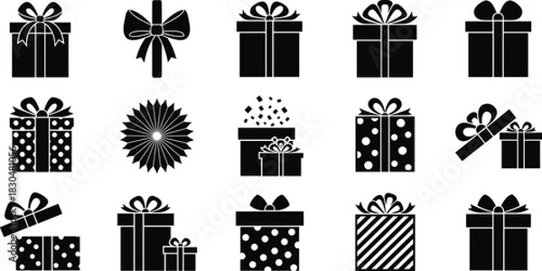 Fototapeta Set of black and white gift box icons with ribbons and bows, vector illustration of presents for birthday and Christmas celebrations