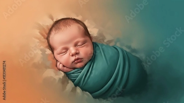 Fototapeta Peaceful newborn baby sweetly dreaming while swaddled in a cozy teal blanket on a soft background