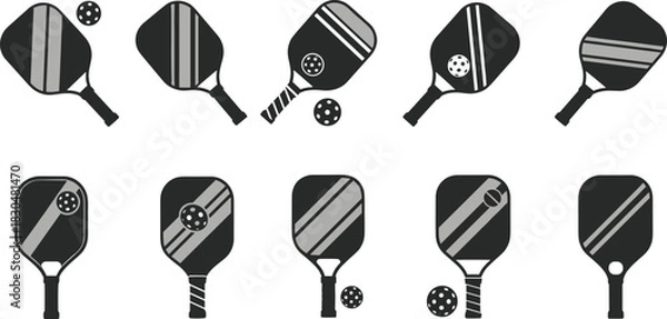 Fototapeta Set of pickleball paddles and balls in black and gray design, sports equipment vector illustration for recreation and tournament themes