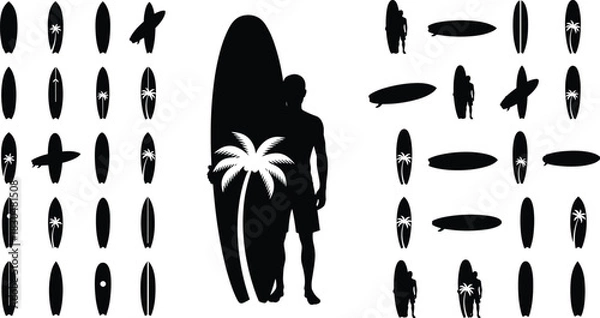 Fototapeta Set of surfboard and surfer silhouettes with palm tree designs, tropical beach surfing vector icons, summer ocean adventure illustration