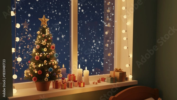 Fototapeta 窓枠にある小さなクリスマスツリー