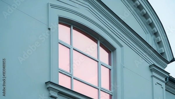 Fototapeta Architectural detail of a classic arched window with a pink sunset reflection on a white facade