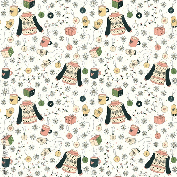 Fototapeta Winter Christmas seamless pattern with knitted sweaters, mittens, snowflakes, gifts, decorations and mugs of tea in vector. Cozy festive vibes. Perfect for fabric, postcards, printing, wed design.