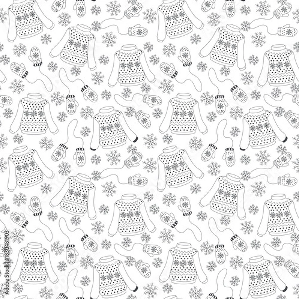 Fototapeta Winter seamless pattern, background with knitted sweaters, mittens and snowflakes in black and white. Cozy winter vibes. Outline contour vector drawing. For fabrics, wrapping paper, packaging design.