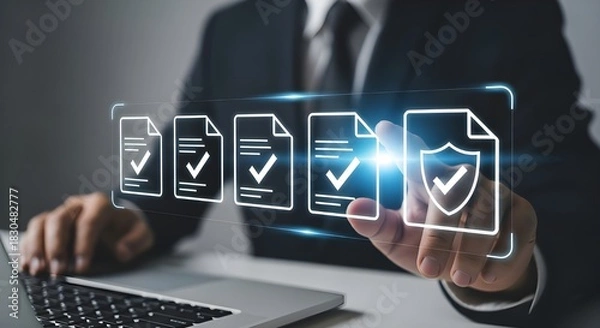Obraz Businessman securing digital documents with cybersecurity and compliance management system