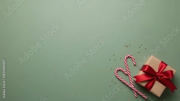 Fototapeta Christmas gift box wrapped in craft paper with red ribbon and candy cane. Holiday present with festive sweets. New Year celebration.