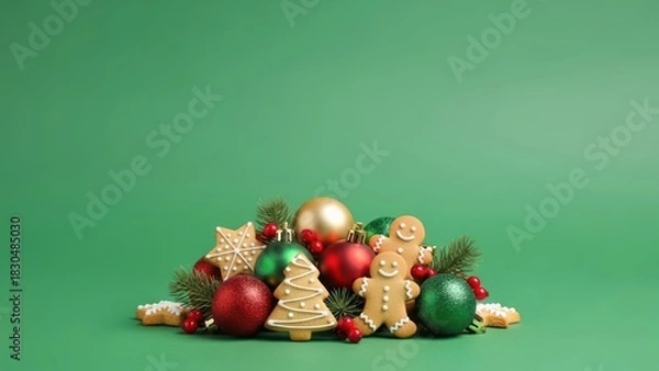 Fototapeta Festive christmas composition with gingerbread cookies, fir branch, and baubles. Holiday season celebration concept for greeting card.