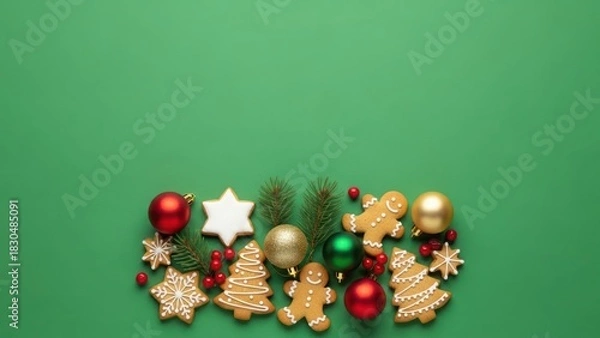 Fototapeta Traditional Christmas gingerbread cookies, pine branches, and ornaments border on green background for holiday greeting card.