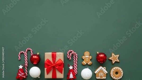 Fototapeta Christmas gift, candy, ornament and cookie on green background. Festive holiday season celebration concept with copy space.
