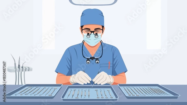 Obraz Dentist preparing instruments in a dental clinic environment