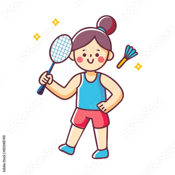 Obraz Cartoon Athlete with Badminton Racket and Shuttlecock