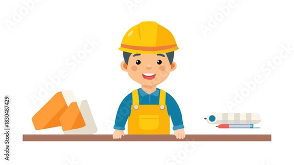 Obraz A smiling young constructor wearing a yellow hardhat and uniform