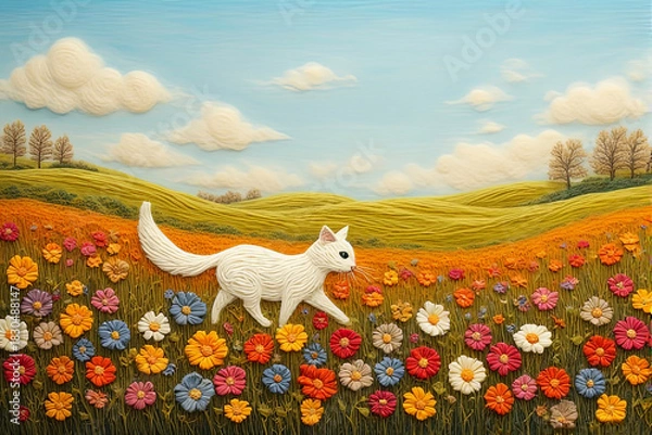 Fototapeta Whimsical textured illustration of a white cat walking through a colorful flower meadow with rolling hills and a blue cloudy sky