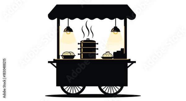 Obraz Indian Street Food Cart Silhouette Vector Icon with Steamer, Thela, and Chaat
