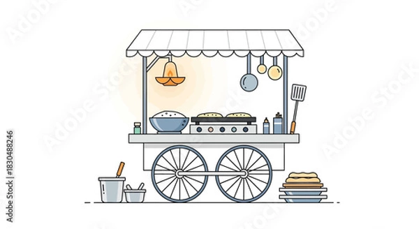 Obraz Clean Line Art Vector Illustration of Street Food Cart with Griddle, Hot Plate, and Cooking Tools