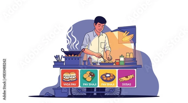 Obraz Modern Vector Illustration of Shawarma Street Food Cart with Vendor, Vertical Rotisserie, and Urban Lights