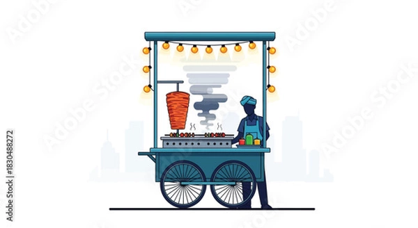 Obraz Modern Vector Illustration of Shawarma Street Food Cart with Vendor, Vertical Rotisserie, and Urban Lights