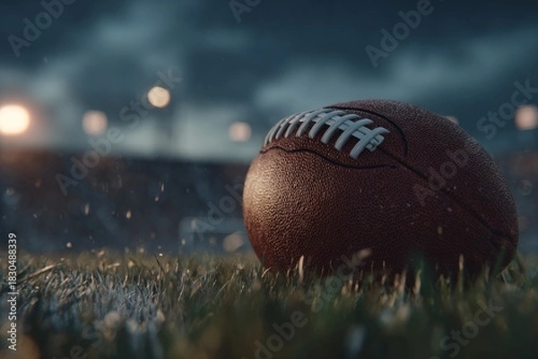 Fototapeta American football on wet grass field before a stormy game