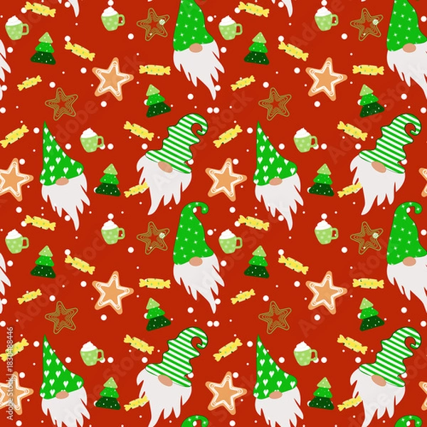 Fototapeta A perfect cultural fusion with scandinavian gnomes and western christmas motifs on red  background. Christmas gnomes seamless pattern.