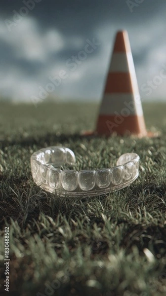 Fototapeta Transparent mouthguard on football field near training cone