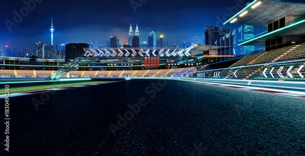 Obraz 3d rendering racetrack in kuala lumpur with speed light trails