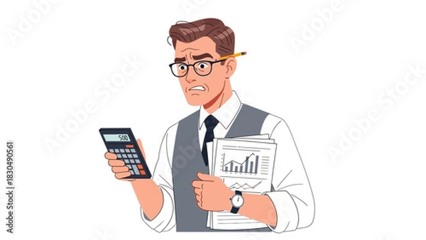 Obraz Worried man with glasses calculating finances in his office