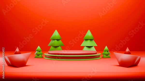 Fototapeta Festive 3D Christmas Podium with Green Tree on Red Background, rendering 4K