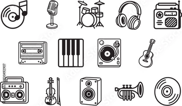 Fototapeta A collection of classic musical instruments, arranged in a visually pleasing manner, are showcased against a clean backdrop, each piece rendered in a timeless black and white style. 