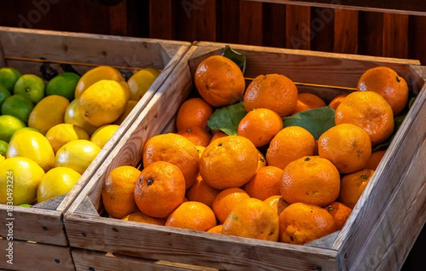 Fototapeta Bright orange citrus fruits in a crate. Farmers' market with fresh fruits and vegetables. Colorful display of seasonal products for retail sale. Fruits and vegetables at the market.