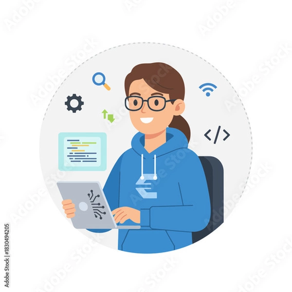 Obraz Woman coding on a laptop with digital design elements