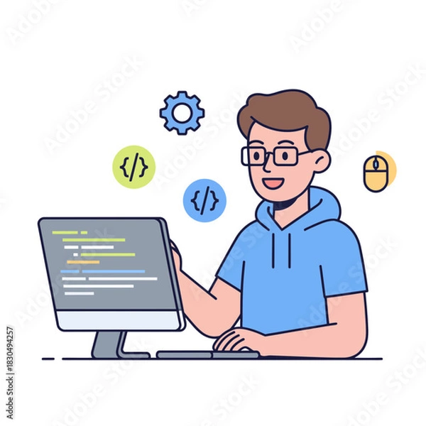 Obraz A happy young developer programming on a computer desktop