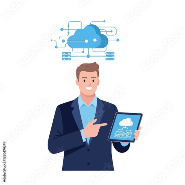 Obraz Man presenting cloud data information on a digital tablet