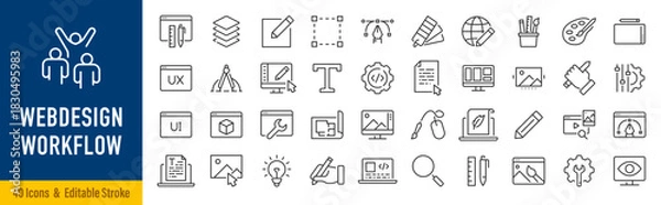 Obraz Web Design and Workflow web icons in line style. Web Design, process, planning, strategy, teamwork, productivity, task, step, action, worker. Editable stroke. Vector illustration.