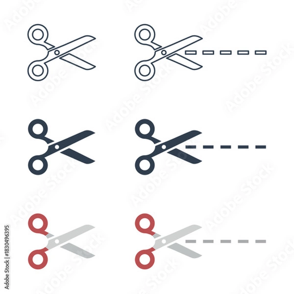 Obraz Scissors with line of cut icon set, sewing, tailor and cutoff symbols