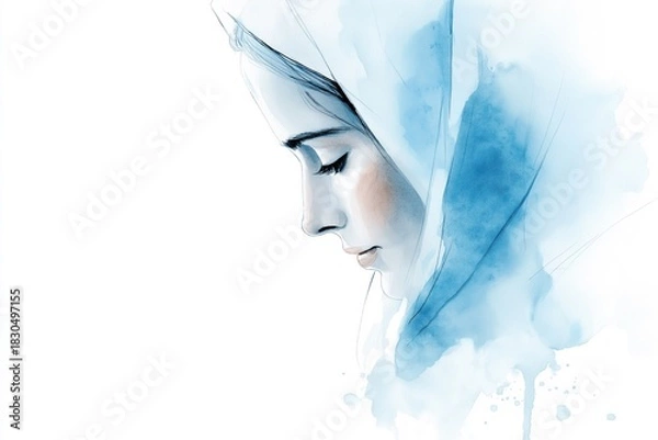 Fototapeta Watercolor portrait of Mary in blue veil praying, serene minimalist Christmas artwork on white background, copy space