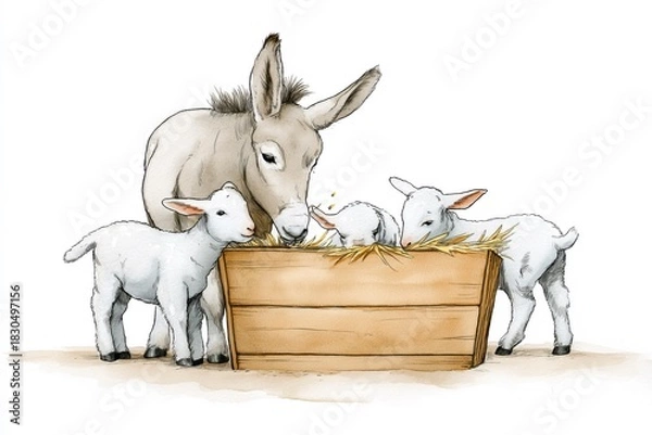 Fototapeta Watercolor nativity animals gathered around manger, lambs and donkey in clean pastel Christmas illustration