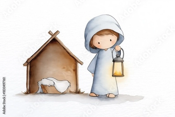 Fototapeta Watercolor Joseph holding lantern beside manger, soft minimalist Christmas illustration with warm glowing light