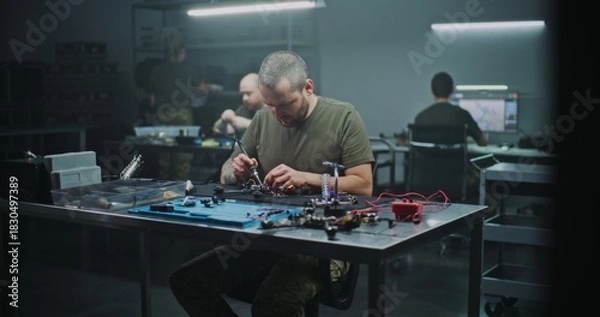 Fototapeta Man Assembling High Speed FPV Drone For Professional Use. Man Intensely Focused on Assembling High Speed FPV Drone, Working on Internal Wiring and Frame. Concept of Growing Field of FPV Technology.