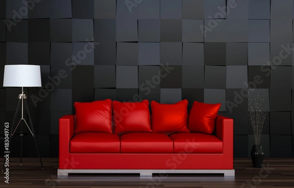 Obraz 3D rendering of interior modern living room  with black room and red sofa