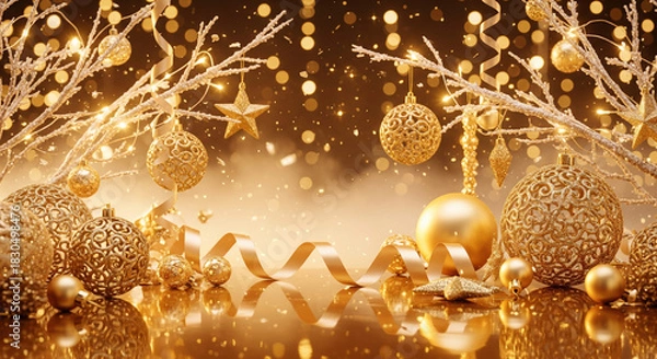 Fototapeta Luxurious golden Christmas background with ornate baubles, ribbons, and snow branches. Festive holiday banner with bokeh lights and copy space