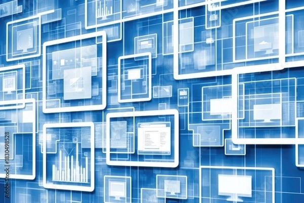 Fototapeta digital marketing concept with white computer screens and square frames on blue background for online advertising and web design