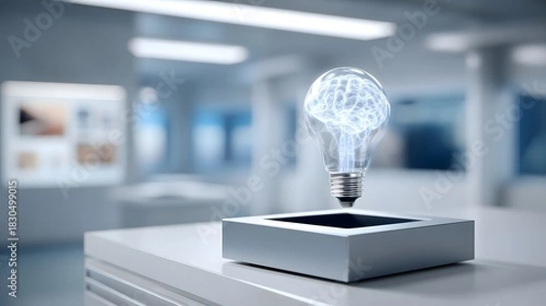Obraz Levitating light bulb with glowing brain symbolizing innovation