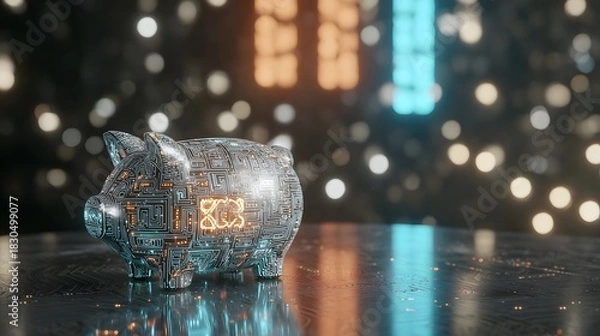 Obraz Futuristic digital piggy bank with glowing circuits