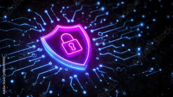 Obraz Digital security shield with neon padlock on circuit board