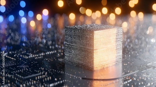 Obraz Abstract glowing cube on a futuristic circuit board