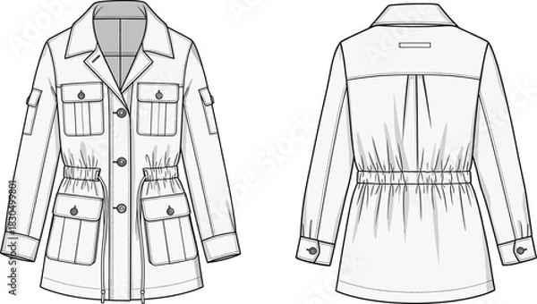 Fototapeta Utility jacket technical sketch, front and back view, notched collar, patch pockets, button closure, cinched waist, vector fashion drawing, garment blueprint