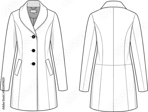 Fototapeta Women's coat technical sketch, front and back view, notched lapel collar, button closure, welt pockets, princess seams, vector fashion drawing, garment blueprint