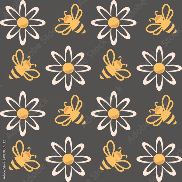 Obraz Seamless bee and flower pattern on dark background
