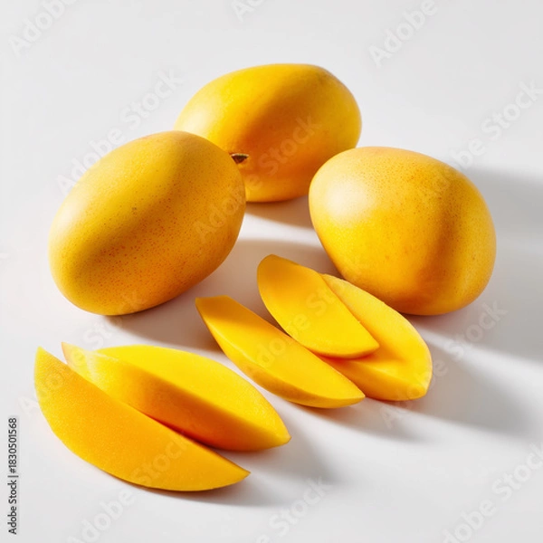 Fototapeta AI-generated image - A vibrant display of fresh, ripe yellow mangoes, featuring two whole fruits and several juicy slices and wedges, isolated on a clean white background. 